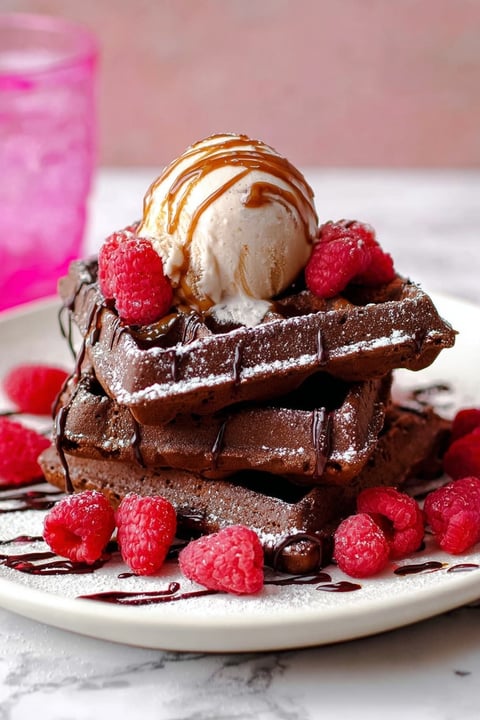 A stack of chocolate waffles with a scoop of ice cream on top.