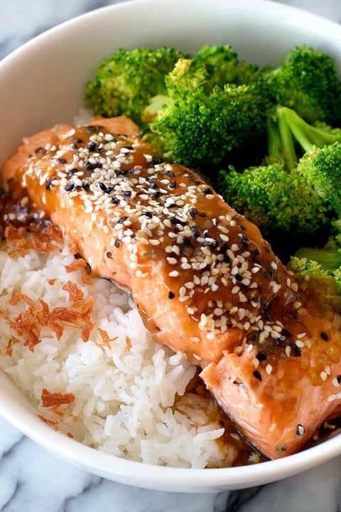 A dish of Asian salmon with honey ginger glaze.