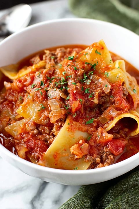 A bowl of cabbage roll soup.