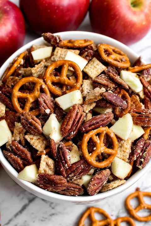A bowl of Caramel Apple Pie Party Mix.