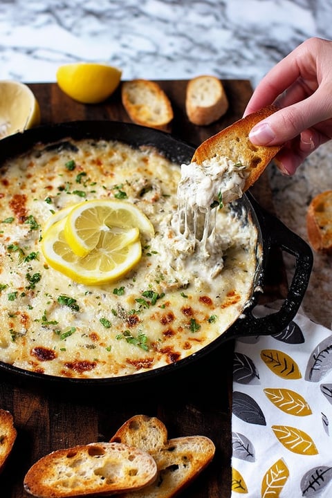 A person is dipping a breadstick into a creamy shrimp scampi dip.