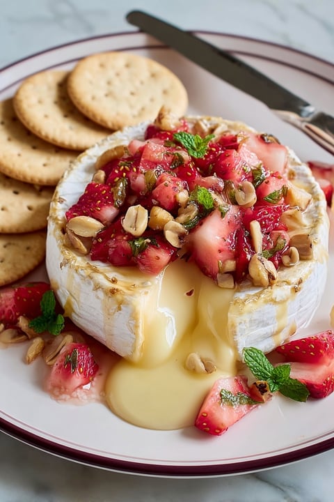 A plate of baked brie cheese with strawberries.