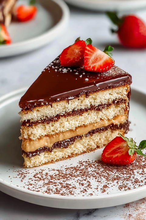 A slice of chocolate opera cake with strawberries on top.