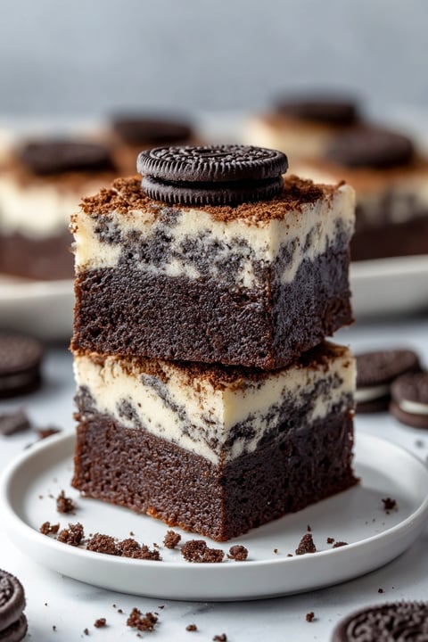 A stack of brownies with cookies and cream on top.