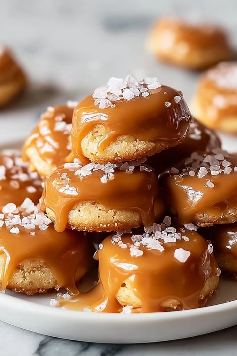 Salted caramel pretzel bites on a plate.