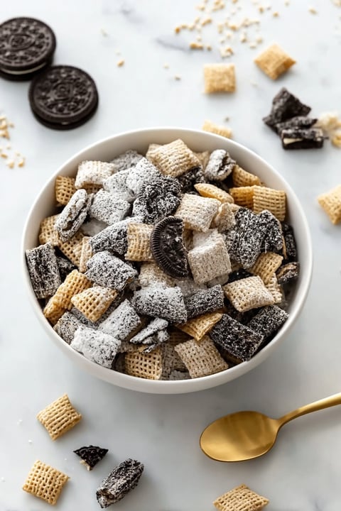 A bowl of cookies and cream puppy chow.