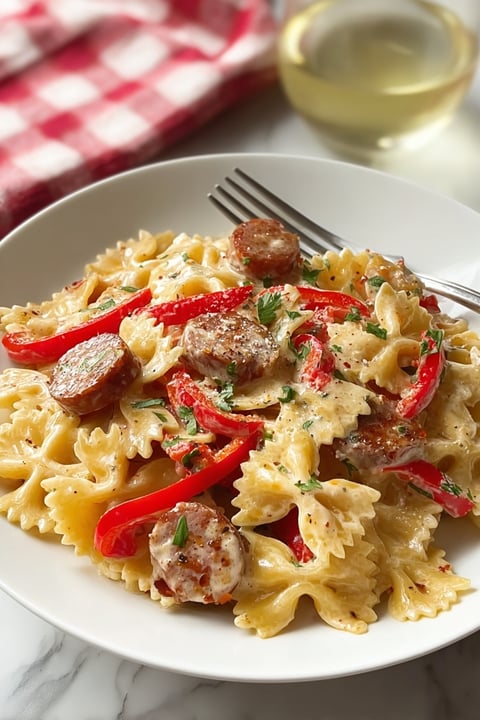 A plate of pasta with sausage and peppers.