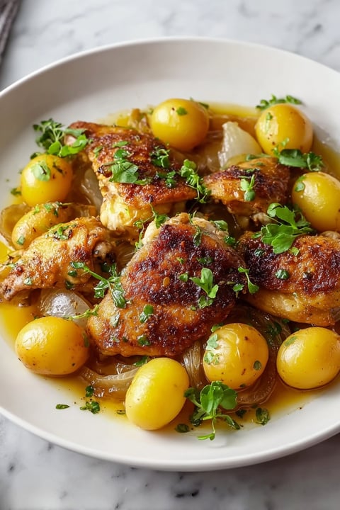 A plate of chicken and potatoes with gravy.