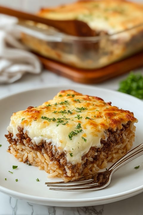 A white plate with a slice of French Onion Ground Beef Rice Casserole.