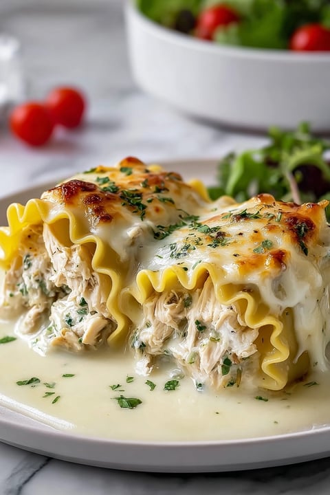 A plate of chicken Alfredo lasagna rolls.