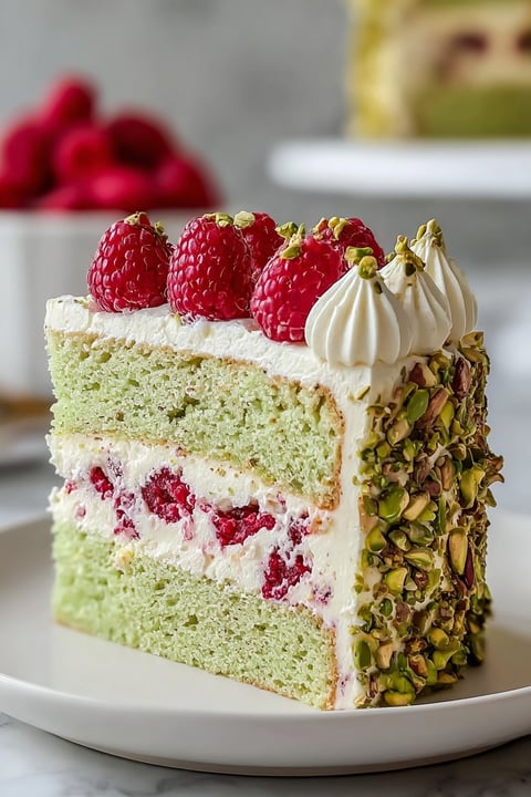 A slice of Heavenly Pistachio Raspberry Dream Cake.