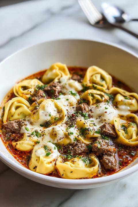 A bowl of cheesesteak tortellini in rich provolone sauce.