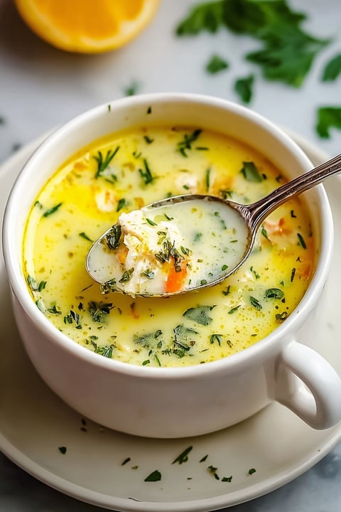 A spoon in a bowl of soup.