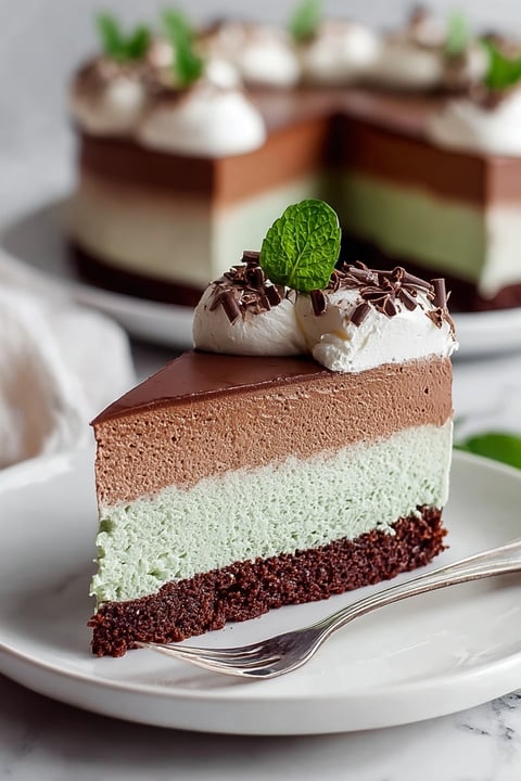 A slice of mint chocolate mousse cake.