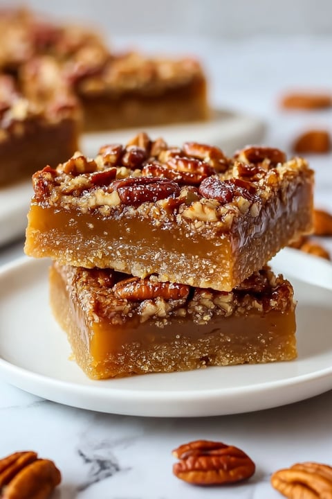 A plate with two pieces of pecan pie bars.