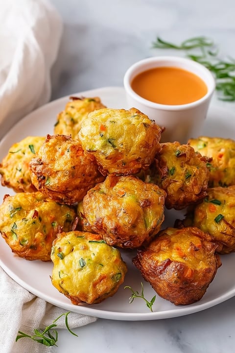 A plate of baked sweet potato zucchini tots.