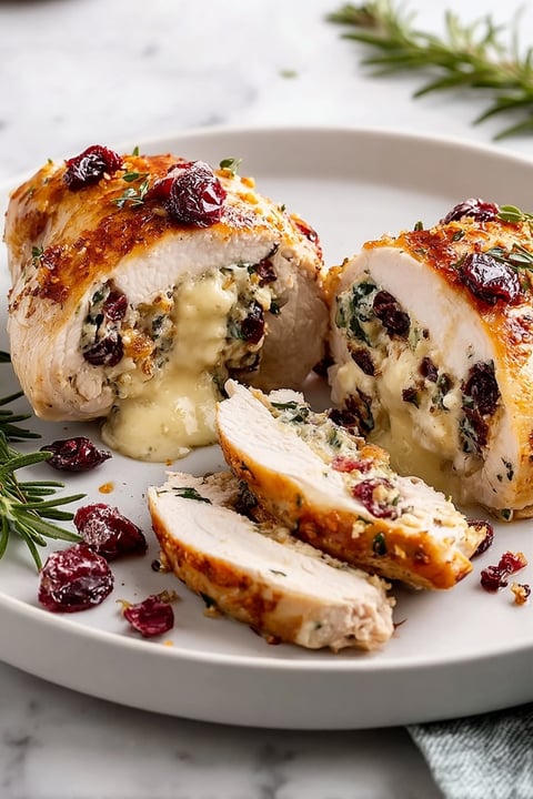 A plate of chicken with cranberry sauce and brie cheese.