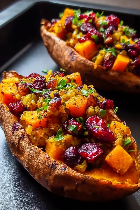 A close up of a sweet potato with a topping of cranberry and apple.