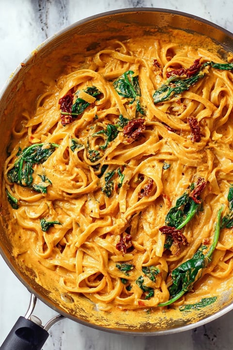 A bowl of creamy sun-dried tomato pasta.