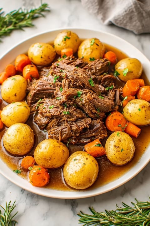 A plate of food with potatoes and beef in a brown sauce.