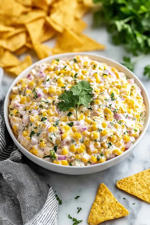 A bowl of traditional corn dip with chips.