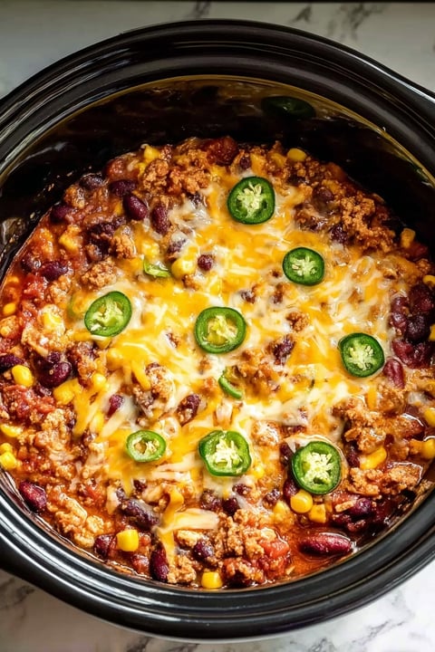A close up of a taco casserole with cheese and jalapenos.
