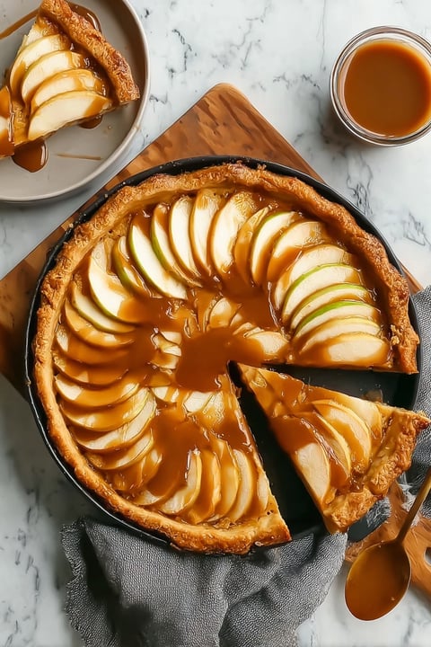A slice of apple pie with caramel drizzle.