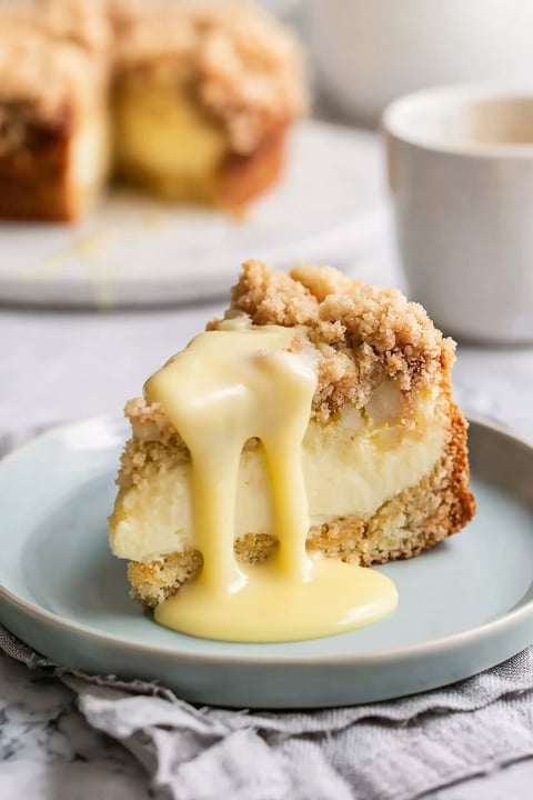A slice of Irish apple cake with a dollop of cream on top.